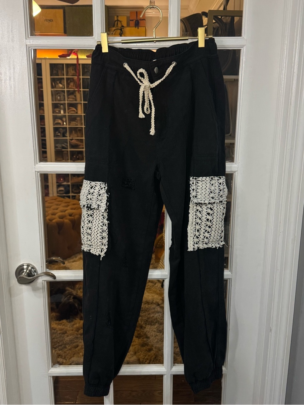 **NEW POL BESTSELLER Black Joggers with Cream Crochet Pockets boho distressed - Picture 2 of 10